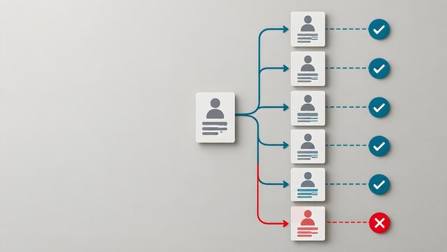 Flowchart diagram mapping single source profile to multiple outcomes with one outcome rejected representing employee performance evaluation automated screening process or failed task delegation