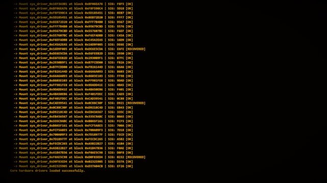 A seamless looping retro-futuristic motion graphics animation simulating an old amber monochrome CRT monitor booting up, running system checks, rapidly scrolling through hex data, and awaiting command