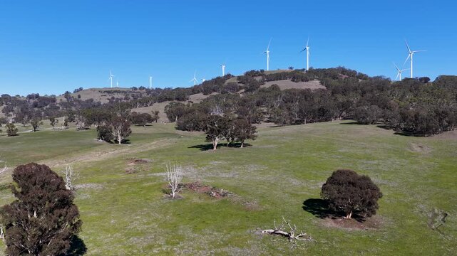 Wind Turbines on Rolling Green Hills Under Blue Sky