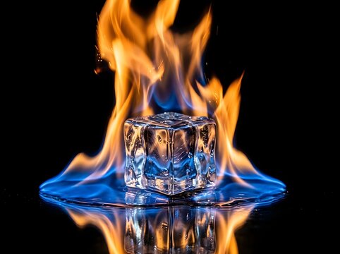 Single ice cube burning in bright orange flames with black background