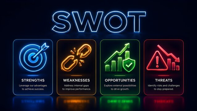 SWOT Analysis Neon Glowing Concept With Strengths Weaknesses Opportunities And Threats Icons