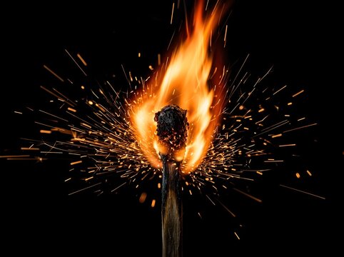 Single wooden match stick burning with bright fire and sparks