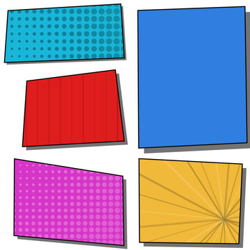 Set of comic speech frames with halftone dots and radial ray abstract backgrounds