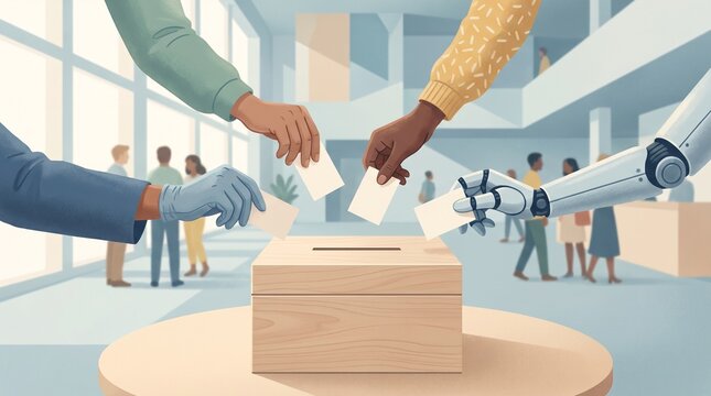 Diverse Human and Robot Hands Casting Votes into Ballot Box