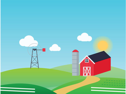 Flat illustration of a red farm barn and windmill in a grassy field