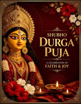 Decorative durga puja festival poster featuring the deity with oil lamps and floral blooms