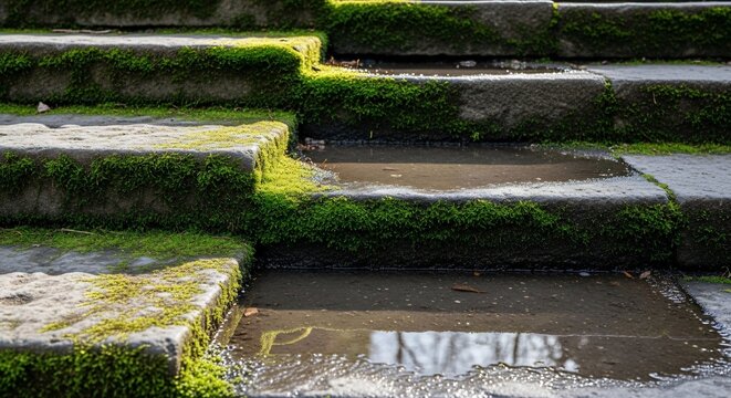 苔むした石段、雨上がりの水たまり、静寂、自然の風景