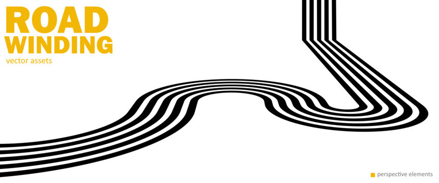 Minimal abstract vector road formed from five parallel black stripes creating a winding perspective path, isolated on white for modern graphic compositions.