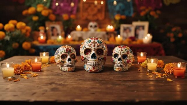 Three Colorful Sugar Skulls and Candles Celebrating Day of the Dead 4k