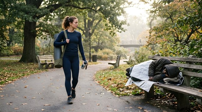 Athletic woman walking past a homeless person sleeping on a park bench