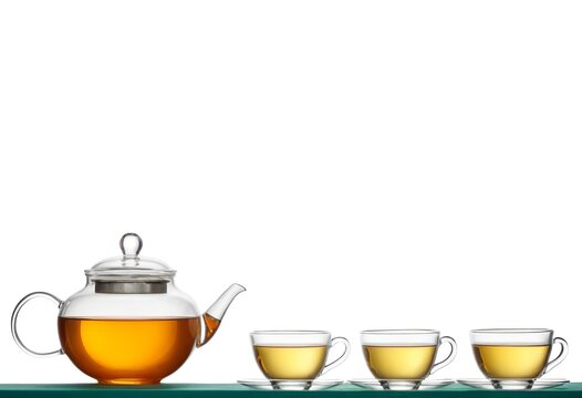 Glass teapot and teacup holding tea screen Transparent teapot and three cups clear