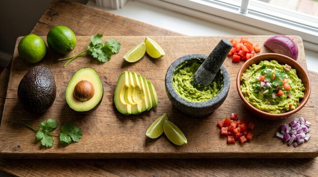 Fresh Guacamole Preparation with Ingredients and Mortar on Wooden Board