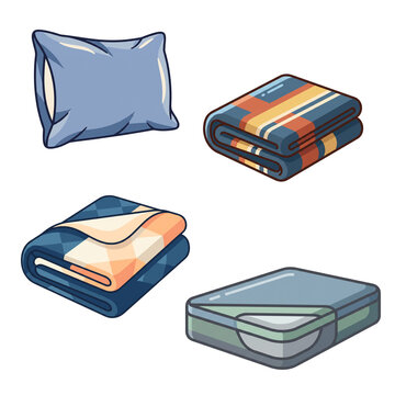 Bedding set with blue pillow, folded blankets, and bedsheet vector illustration