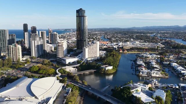 Aerial View of Surfers Paradise Skyline and Canals in Gold Coast