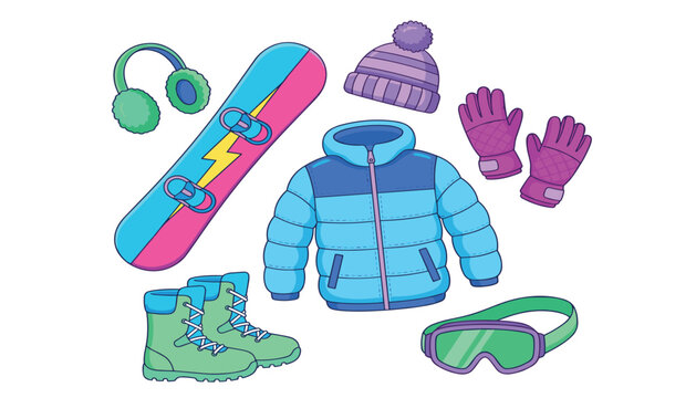 Vibrant vector illustration set of neon snowboarding gear including puffy winter jacket boots board goggles gloves and earmuffs