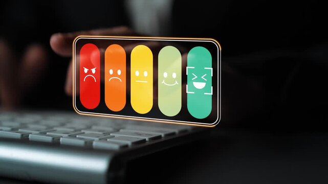 Digital interface displaying emotional feedback icons with different faces to signify user emotions and mood in response to online interactions and experiences Gluon.