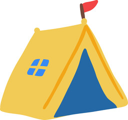 Cute yellow and blue camping tent with red flag on top vector illustration isolated on transparent background. © biby fantie
