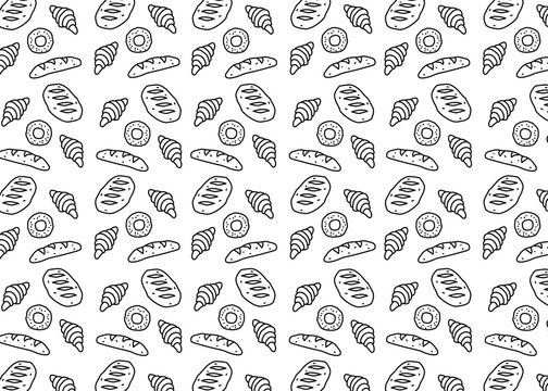 Seamless bakery illustration pattern with black outline and white background. Food packaging, menu illustration. Hand drawn wrapping design, food business, bakeshop