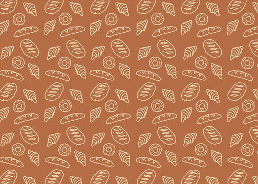 Seamless bakery illustration pattern with white outline and brown background. Food packaging, menu illustration. Hand drawn wrapping design, food business, bakeshop