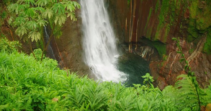 Powerful waterfall Catarata del Toro in Costa Rica dropping into rocky pool by dense rainforest