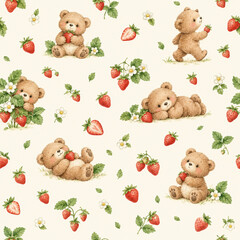 Fototapeta premium Cute teddy bears and strawberries seamless watercolor pattern