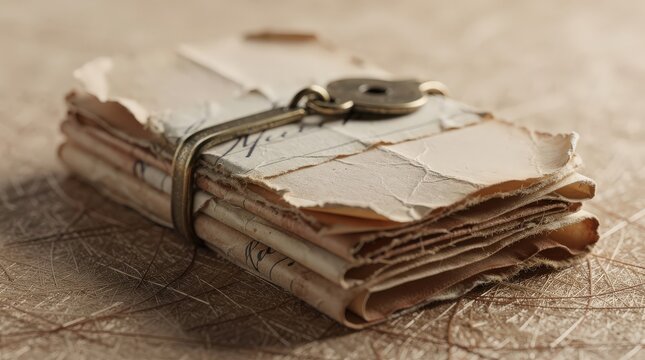 A bundle of aged, weathered letters tied together with a key on top, resting on an old map with intricate lines and markings.