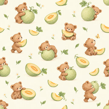 Cute teddy bears and melons seamless watercolor pattern