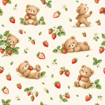 Cute teddy bears and strawberries seamless watercolor pattern
