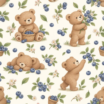 Cute teddy bears and blueberries seamless watercolor pattern