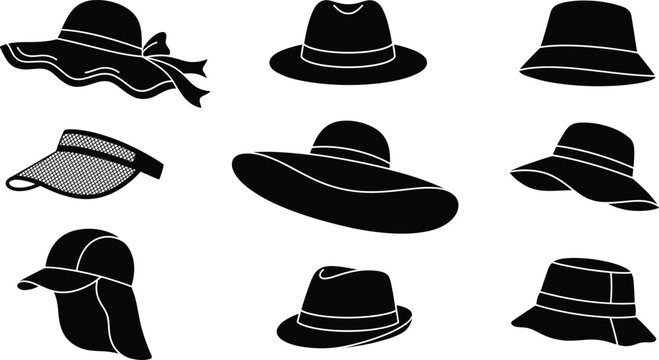 Summer hats collection fashion headwear and sun protection vector silhouette icons set isolated on plain white background