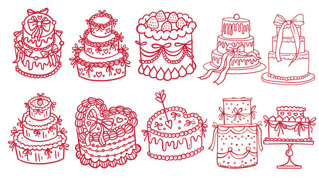 Hand drawn vintage wedding cake collection, set of 10 romantic tiered cakes with bows and hearts, red line art dessert illustrations for bridal stationery