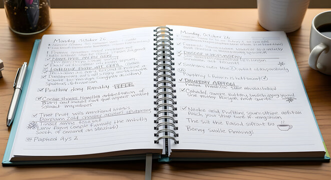 Open spiral notebook filled with handwritten movie watch list next to coffee and pen on wooden table