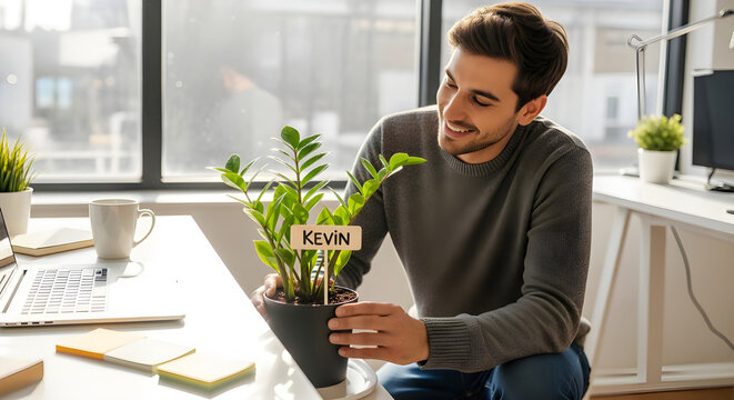 Smiling young man proudly showing small potted plant labeled Kevin on his clean white desk