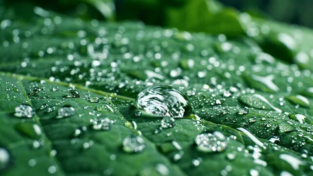 Water droplets on a green leaf close up
