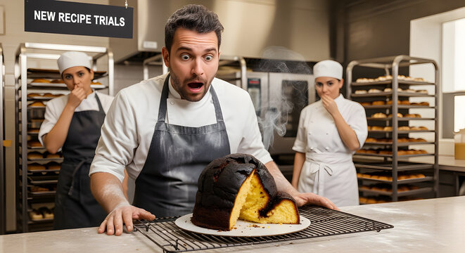 Shocked chef holding completely burnt cake while team watches in professional kitchen