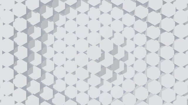 A clean, bright 3D motion graphic featuring a grid of white hexagons moving in a smooth, continuous wave and ripple pattern with soft lighting and shadows.