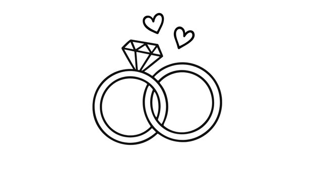 Minimalist wedding rings line art illustration, interlocking bridal bands with diamond and hearts, simple black and white engagement icon for stationery