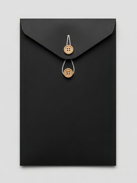 Black envelope with wooden button closure and string loop