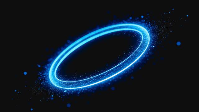 A luminous blue glowing ring surrounded by scattered particles, set against a dark abstract background, suitable for tech or sci-fi designs.