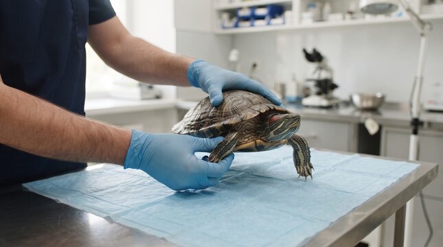 Professional veterinarian examining small red eared slider turtle on metal table inside modern animal clinic