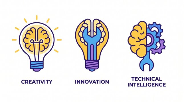 Three icons combining light bulb, wrench, and brain representing creativity, innovation, and technical intelligence in modern minimal style.