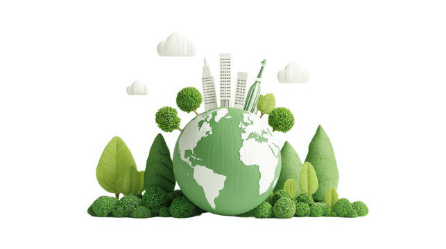 Green globe surrounded by stylized trees and miniature buildings under soft white clouds.