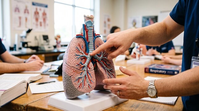 Medical student points at detailed plastic anatomical lung model during an informative biology classroom lecture session