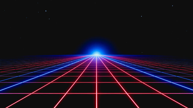 A retro-futuristic scene with glowing neon grid lines, a bright blue horizon light, and starry dark space background.