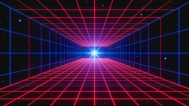 A retro futuristic wireframe tunnel with red and blue grids, a bright star-shaped light at the end, set against a starry space background.