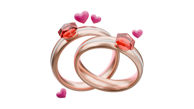 Rose gold wedding rings with red gemstones, 3D render of interlocking bridal bands with pink hearts, romantic jewelry illustration for marriage