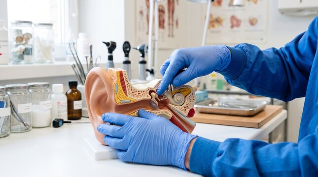 Otolaryngologist examining anatomical ear model during medical consultation inside a modern bright clinical otolaryngology examination room