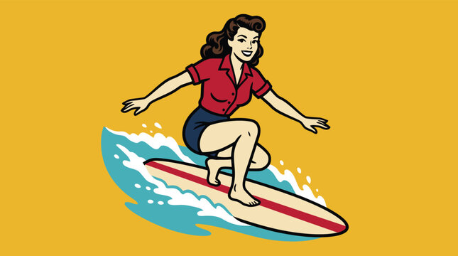 Vintage pinup surfer girl vector illustration, retro woman surfing on ocean wave, mid-century comic style summer beach art on yellow background
