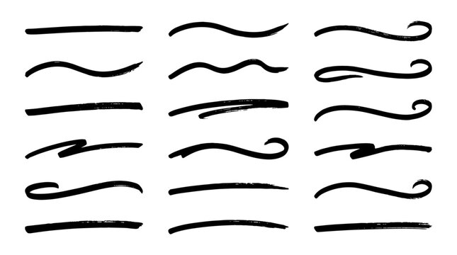 Hand drawn underline strokes and swoosh set, black marker brush lines for highlighting text, 18 decorative ink swashes and curly underlines, artistic calligraphy pen strokes for emphasis
