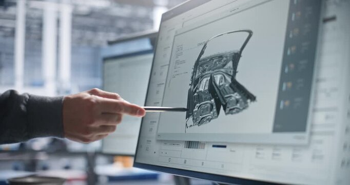 Specialist Pointing Stylus at 3D Car Body CAD Model on Computer Screen. Computer Aided Engineering and Digital Twin Software Optimize Automotive Design. Digital Twin Technology and Vehicle Design.